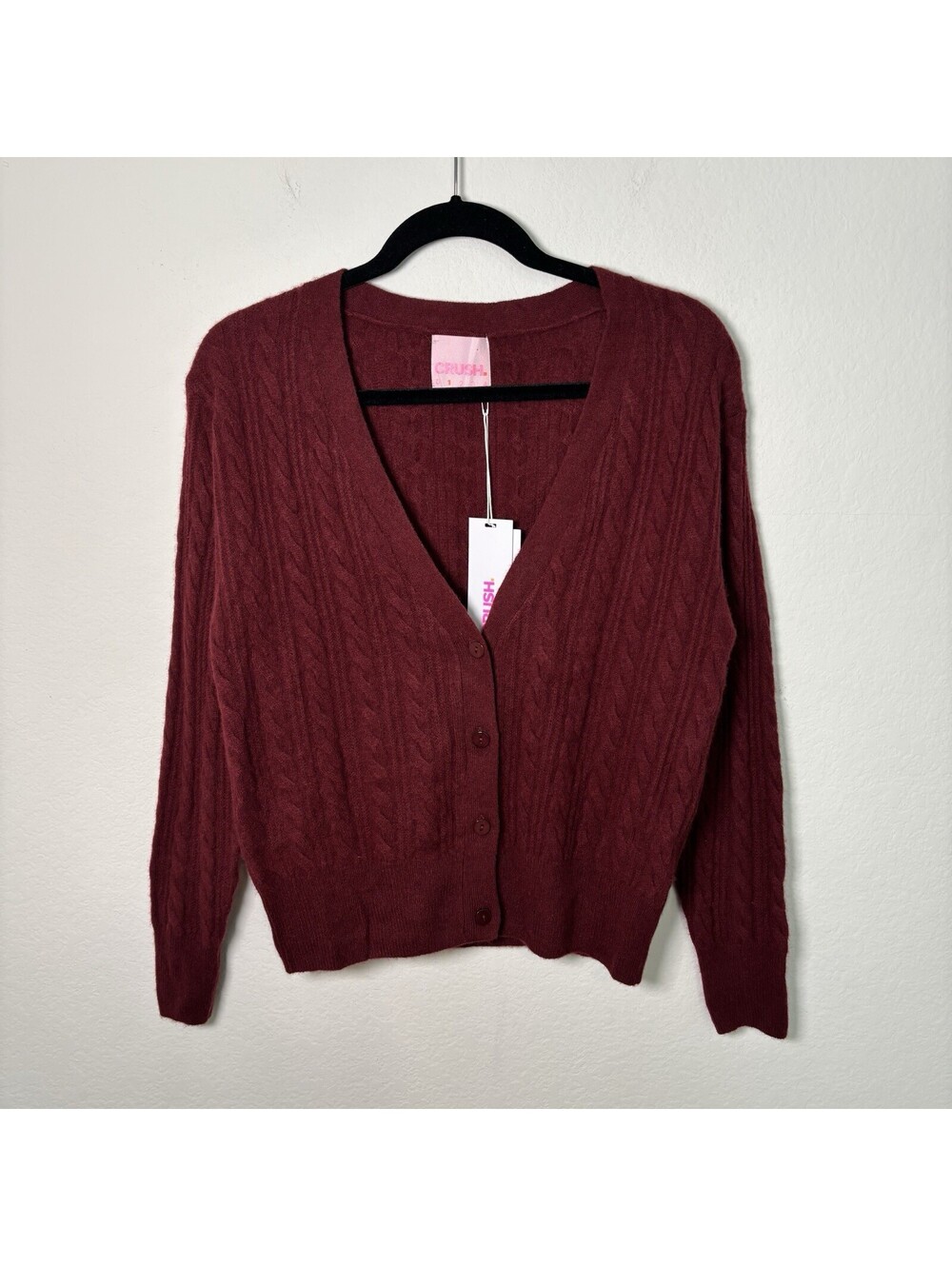 NWT Crush Cashmere Cabled Vienna V Neck Cardigan Burgundy Size 1 Quiet Luxury - Picture 2 of 8